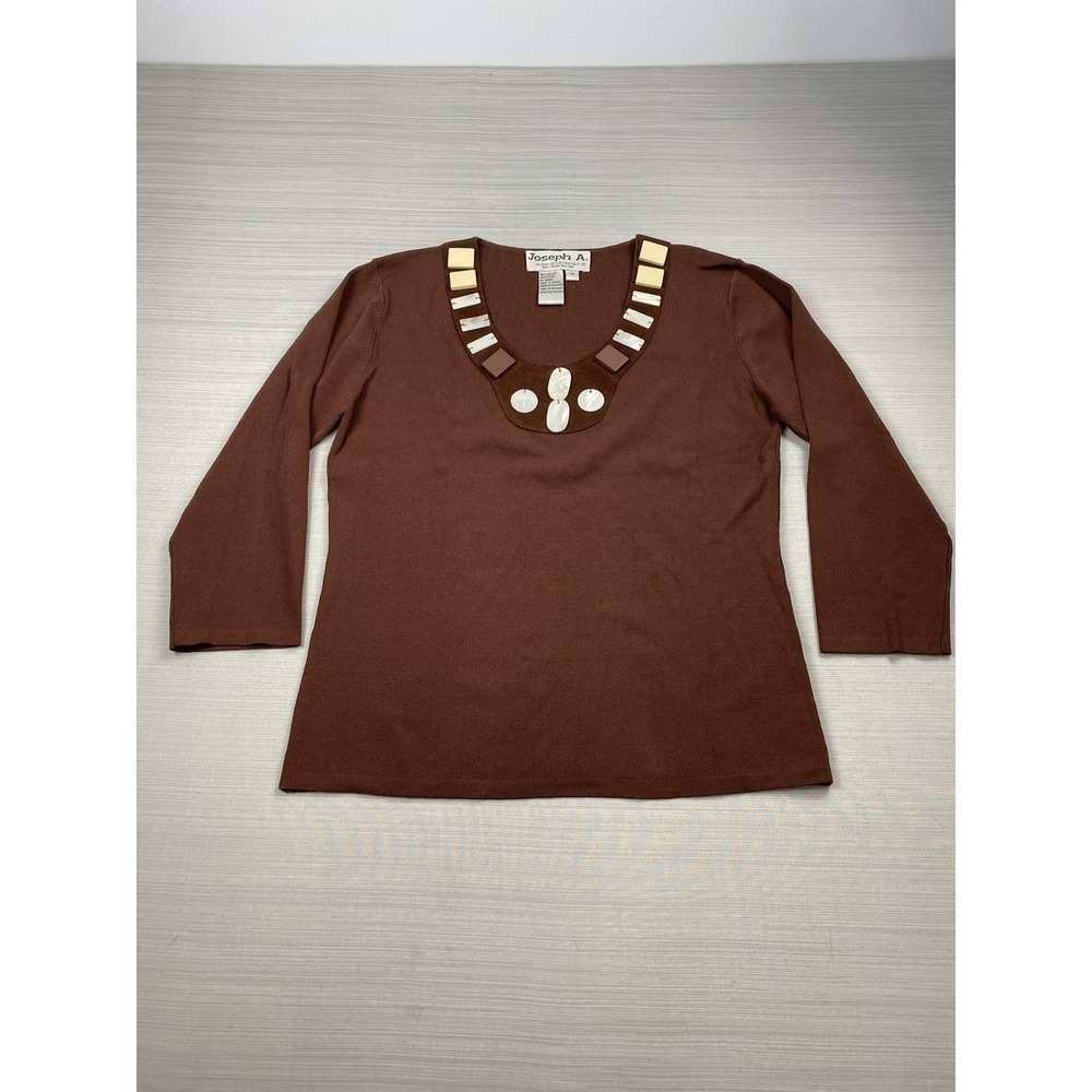 Joseph A. Womens Brown 3/4 Sleeve Embellished Knitted Pullover Blouse Top Size M
